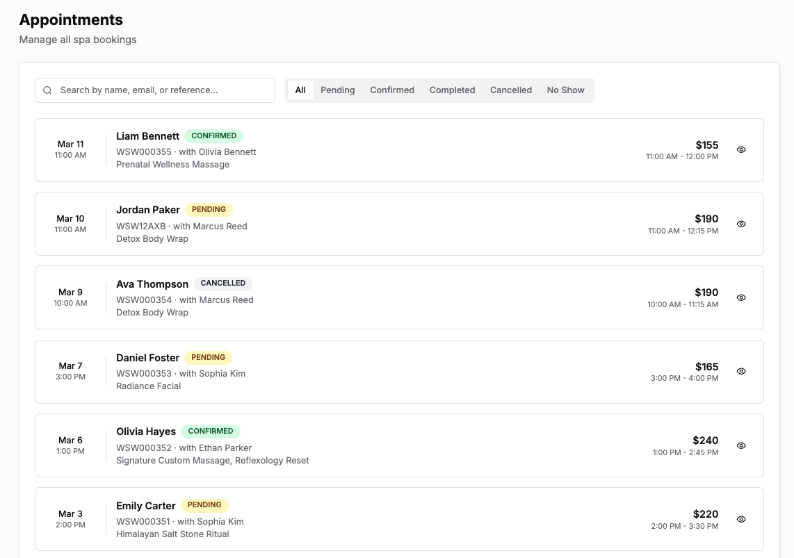 AromaCDF appointments management screen