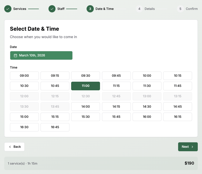 AromaCDF date and time selection screen