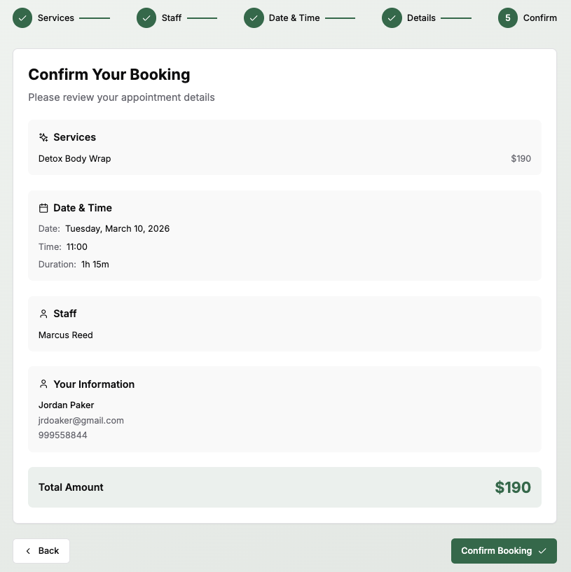 AromaCDF booking confirmation review step