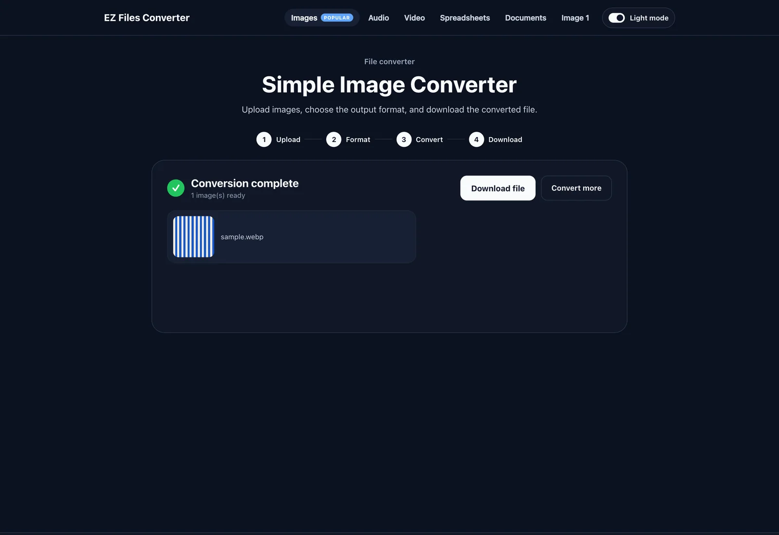 EZFilesConverter — Progress, success, and repeat conversion states