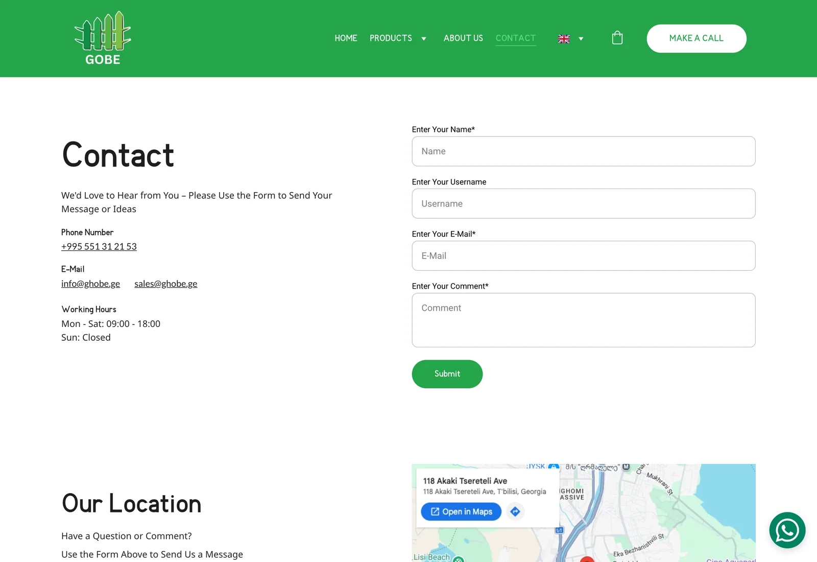 Ghobe — Branch, working hours and direct contact