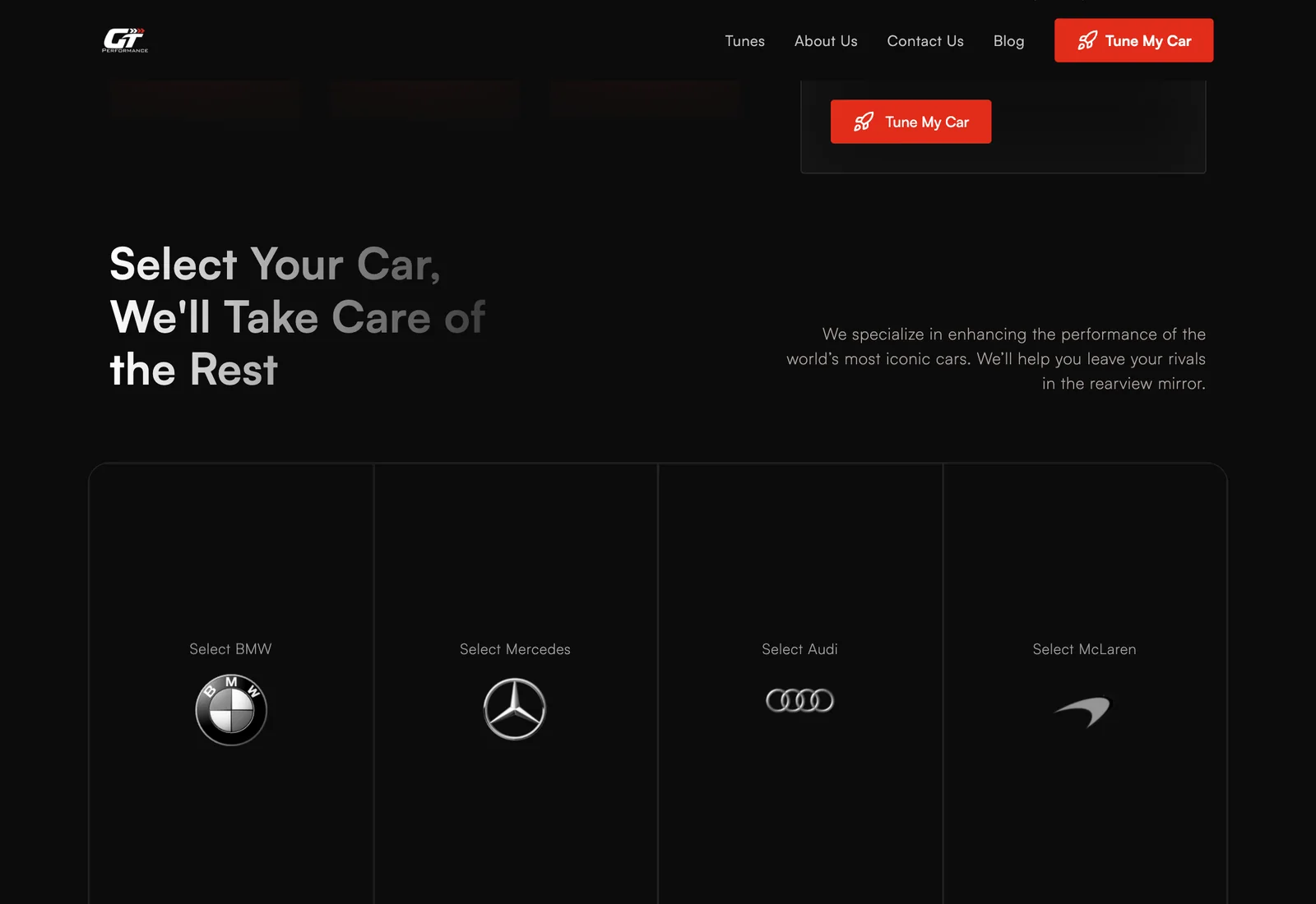 GT Performance — Brand selector and hero