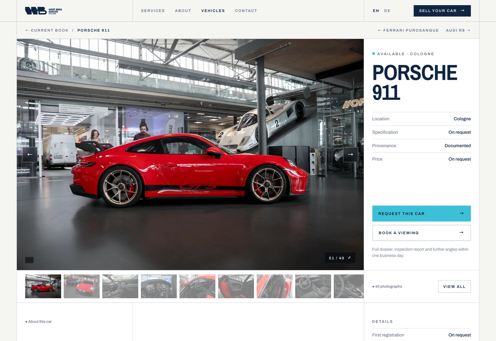 West Berg Europe — Asset-specific listing pages with gallery and specifications