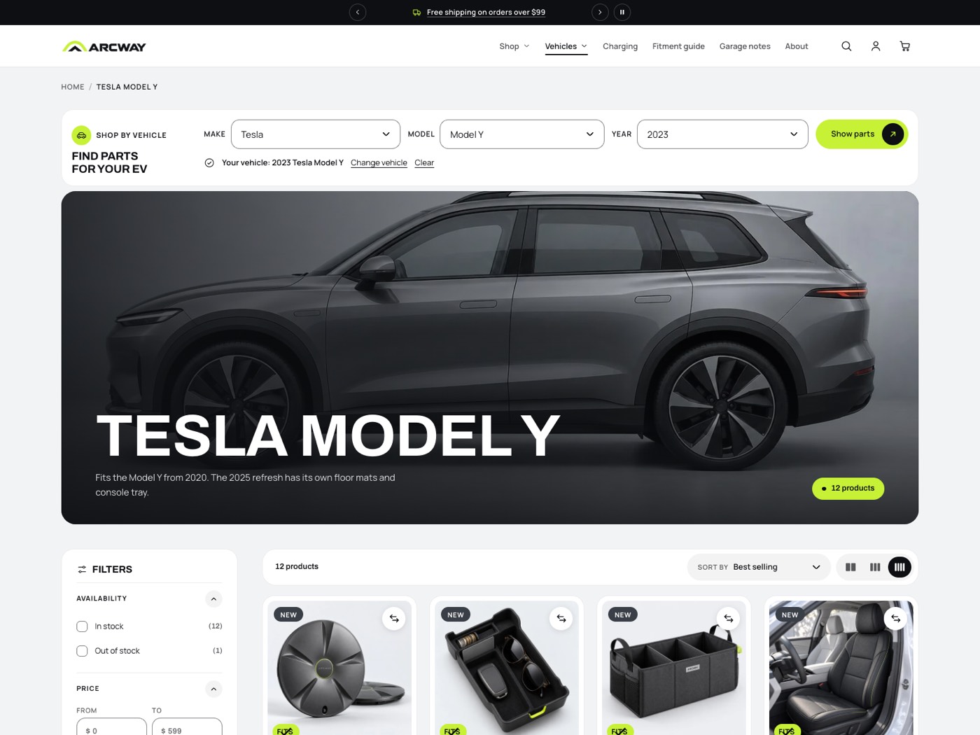 Tesla Model Y collection with the finder bar showing Your vehicle: 2023 Tesla Model Y, a large photo banner, sidebar filters and Fits chips on the product cards