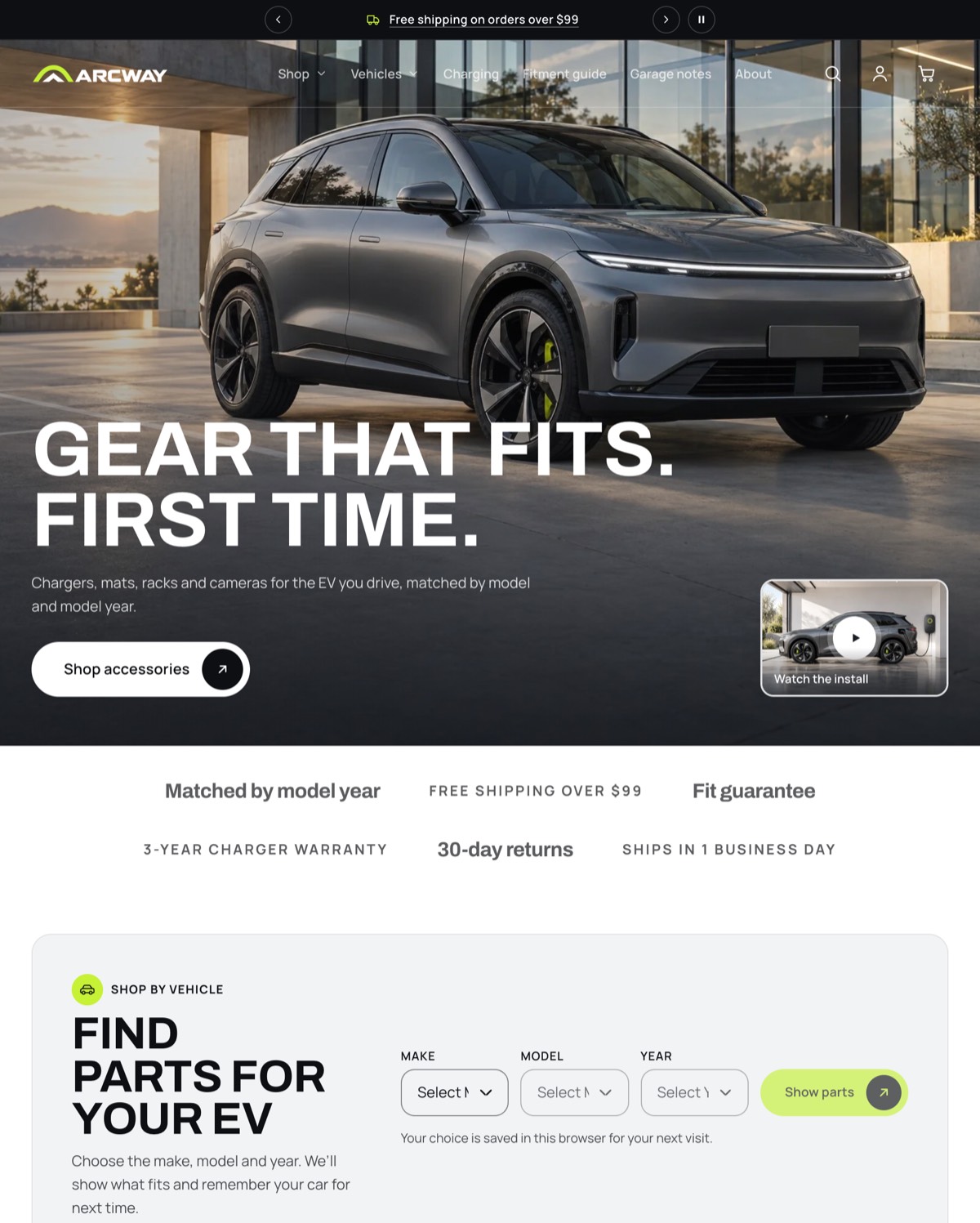 Axle preset home page: a grey electric SUV under a transparent header with the headline Gear that fits. First time., a video card and the vehicle finder