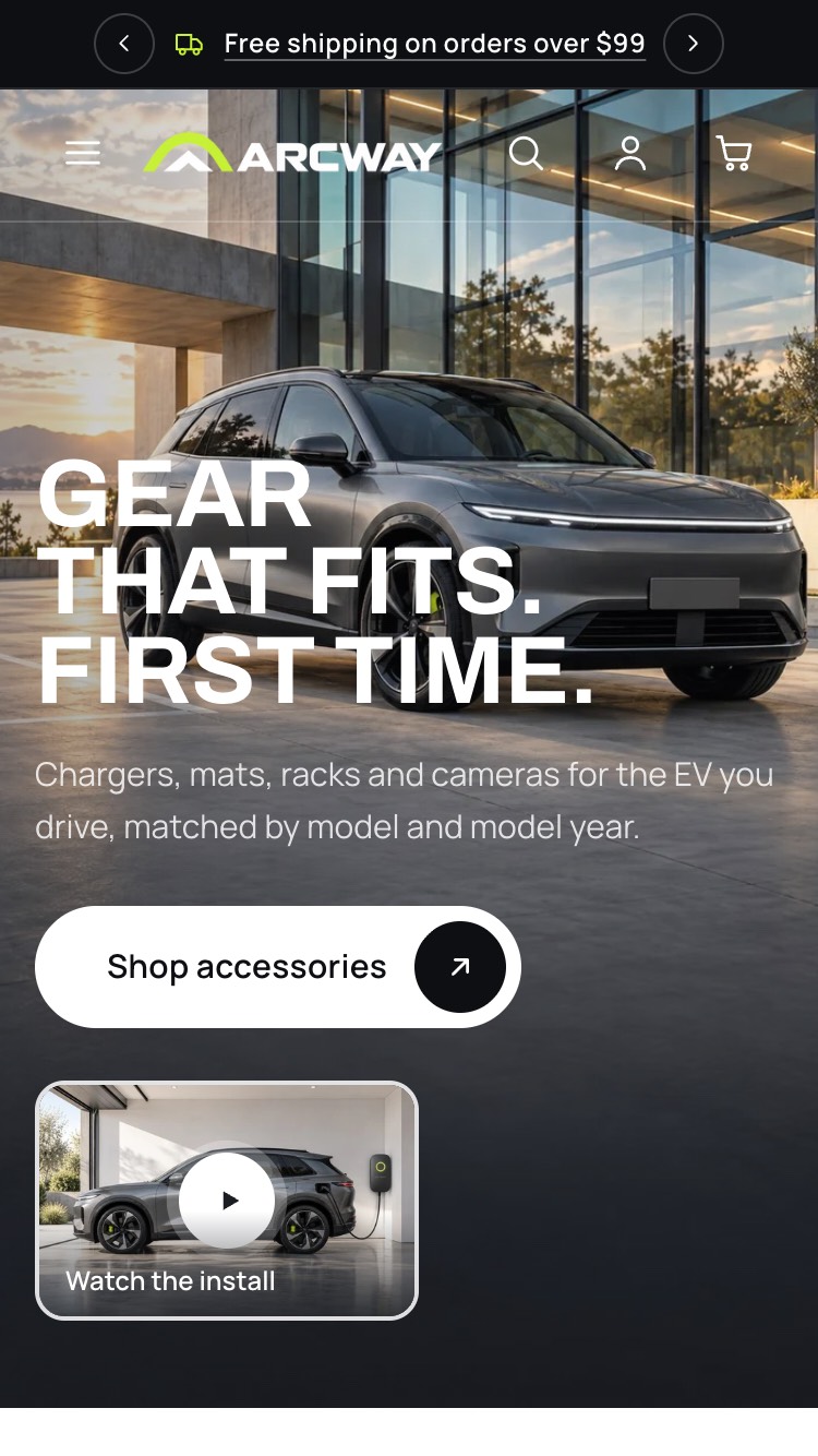 Axle home page on a phone: the SUV hero with the headline, a pill button and the Watch the install video card