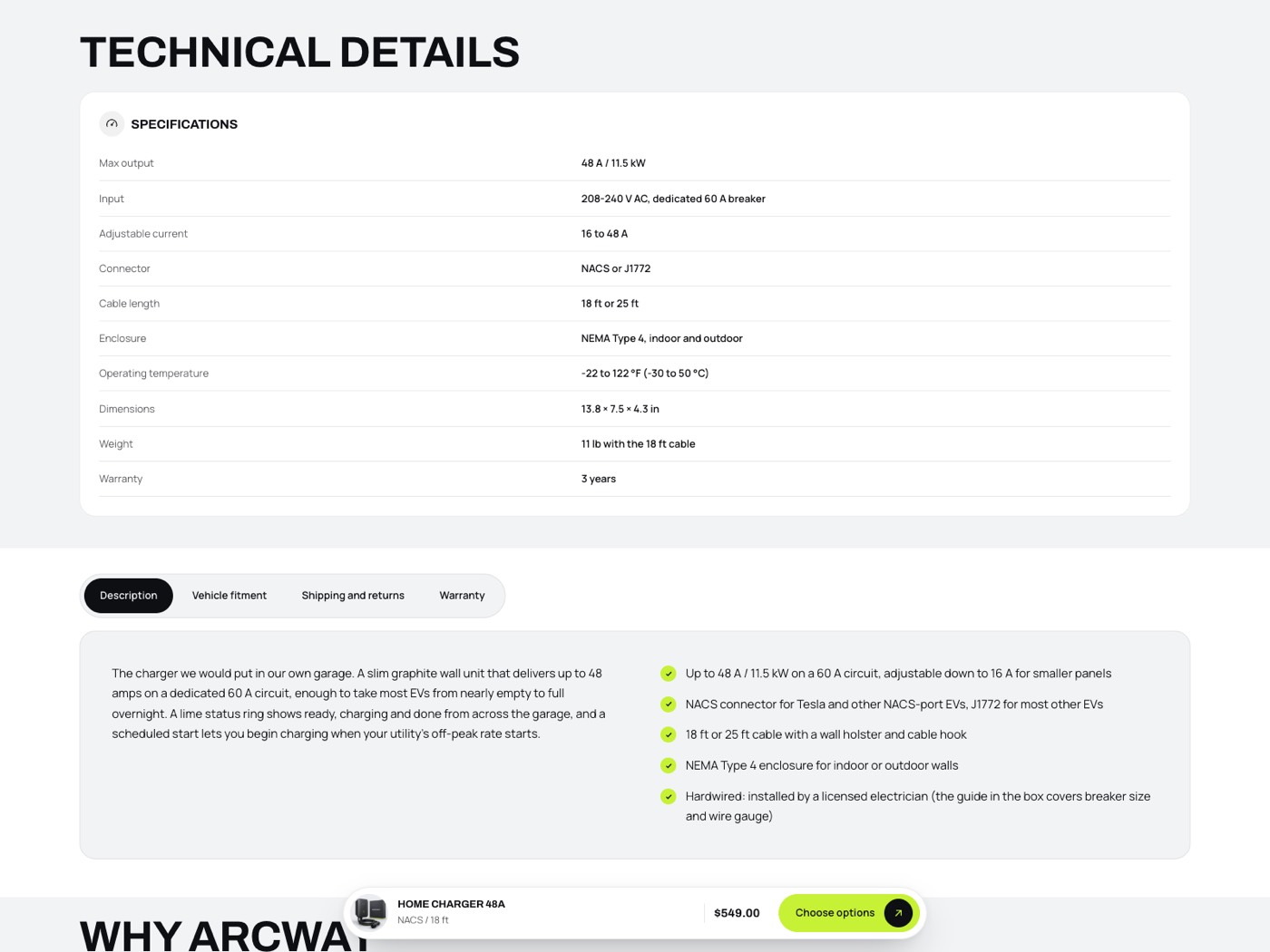 Technical details: a specification table for a home charger, above product tabs with Description and Vehicle fitment