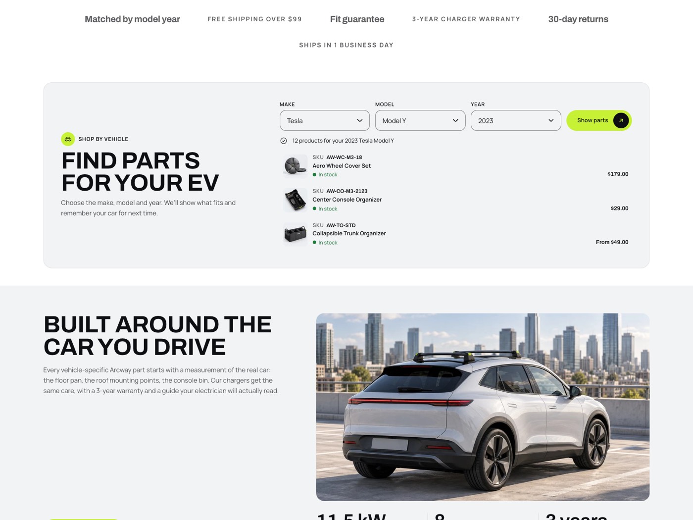 Compatibility finder set to Tesla, Model Y and 2023, with 12 products for your 2023 Tesla Model Y and the first three listed with SKU, stock and price