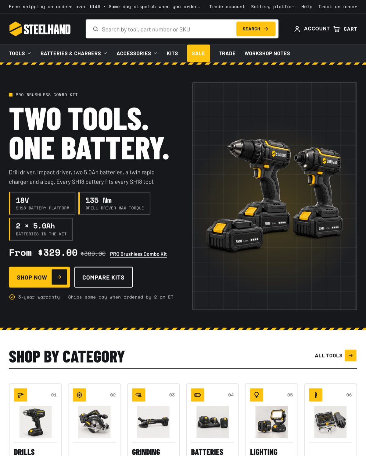 Ironside preset home page: a charcoal hero with a cordless drill and impact driver, the headline Two tools. One battery., spec chips and a large SKU search in the header