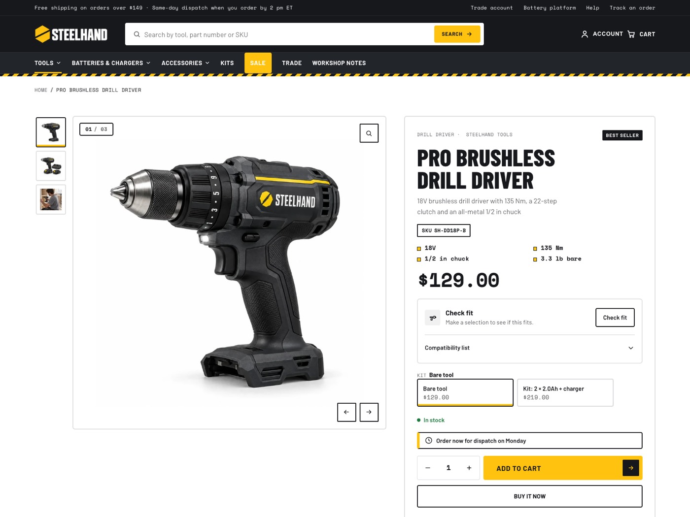 Drill driver product page: SKU, spec bullets, price, a Check fit row, kit cards, an in-stock line, a dispatch cut-off message and a yellow add to cart button