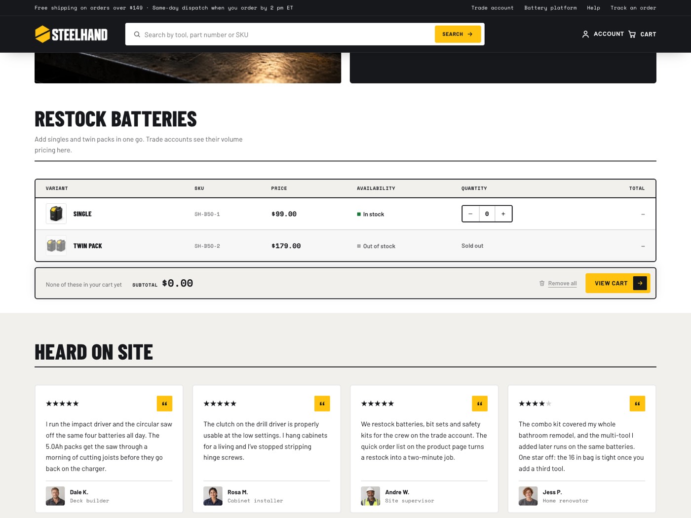 Quick order list for a battery: single and twin pack with SKU, price, availability and a quantity field, and the subtotal