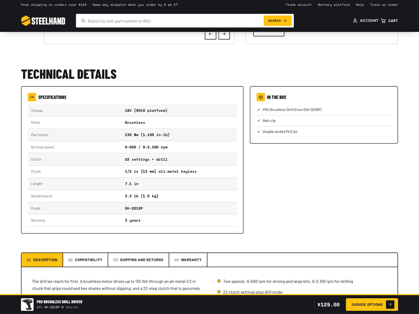 Technical details of a drill driver: a specification table beside the In the box list, above the product tabs