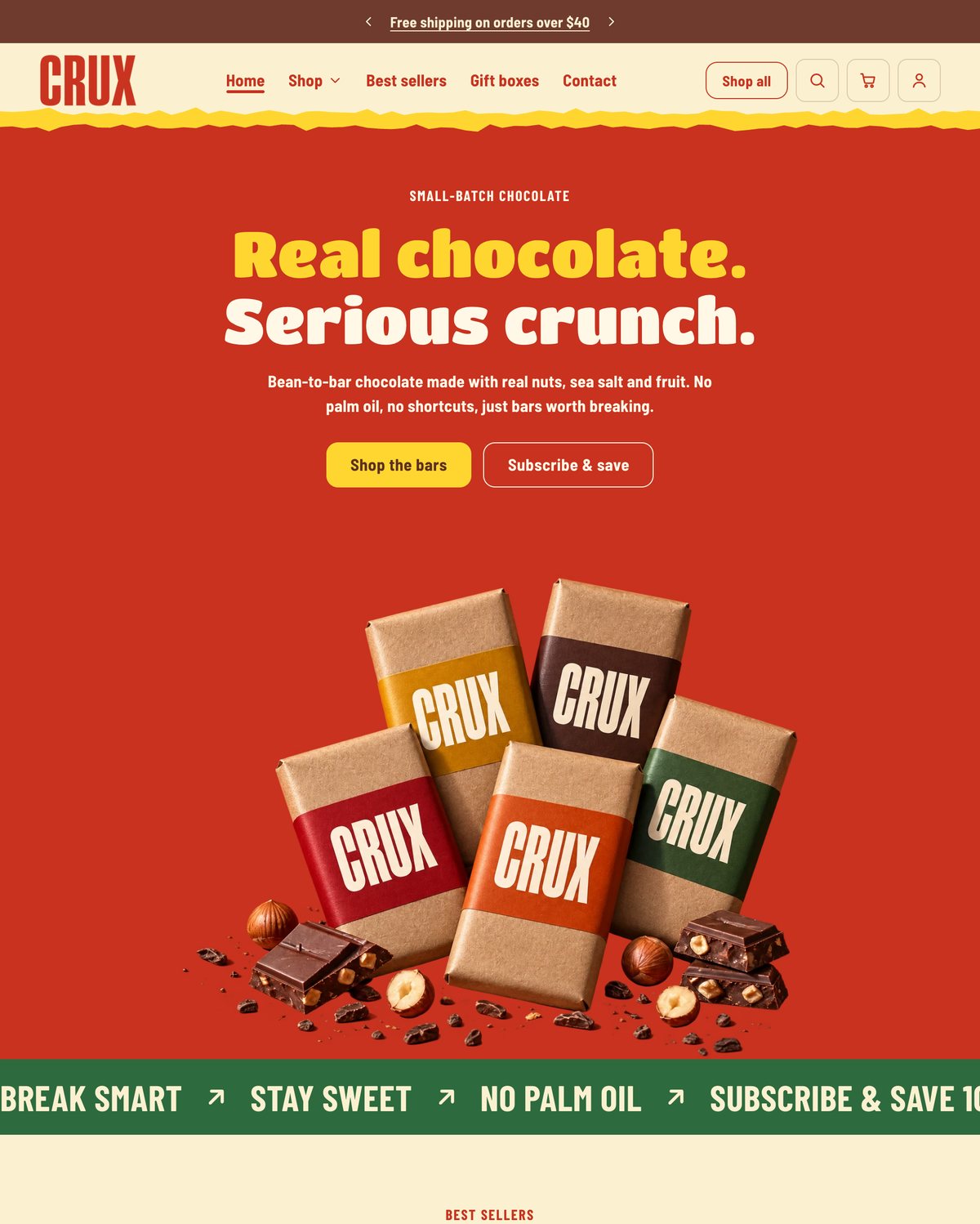 Crux home page on a computer: red hero with chocolate bars and the headline Real chocolate. Serious crunch.