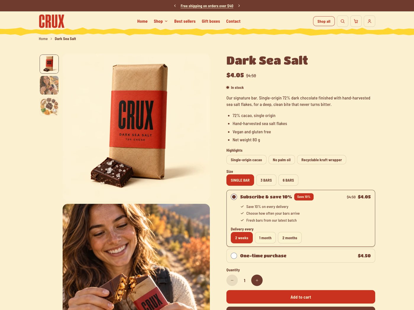 Product page with Subscribe and save options, a Save 10% badge and delivery frequency buttons