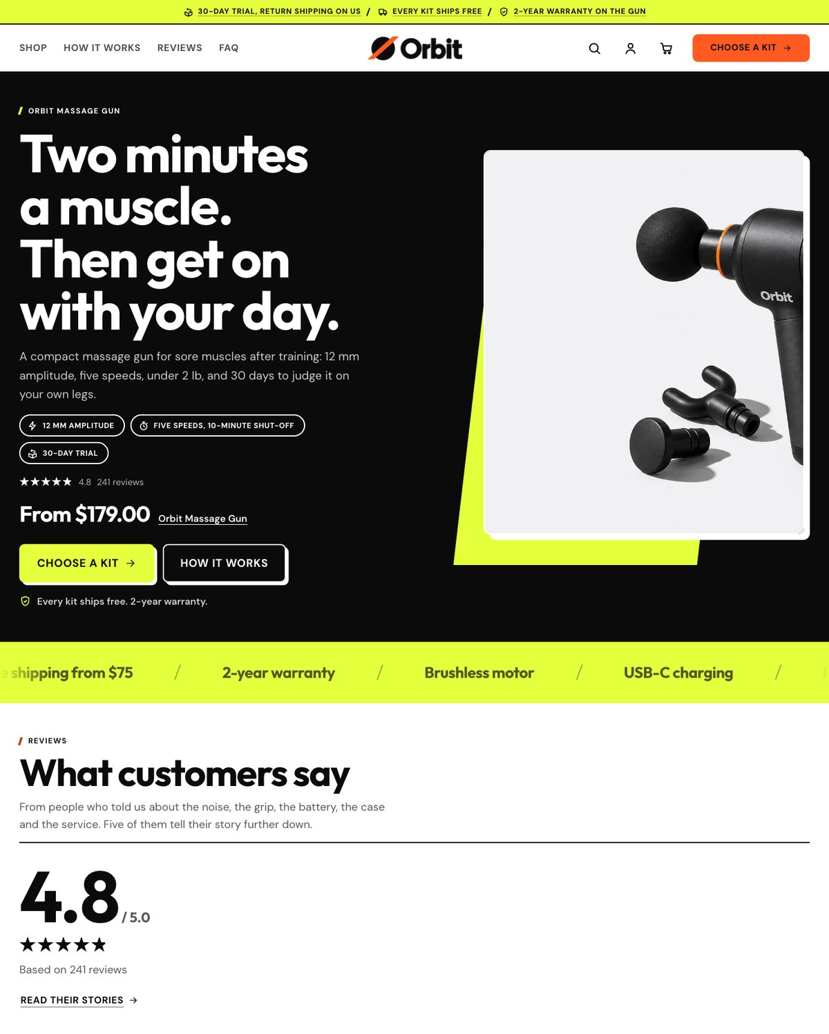 Kinetic preset home page: a black massage gun with its heads on a lime slash beside the headline Two minutes a muscle. Then get on with your day.