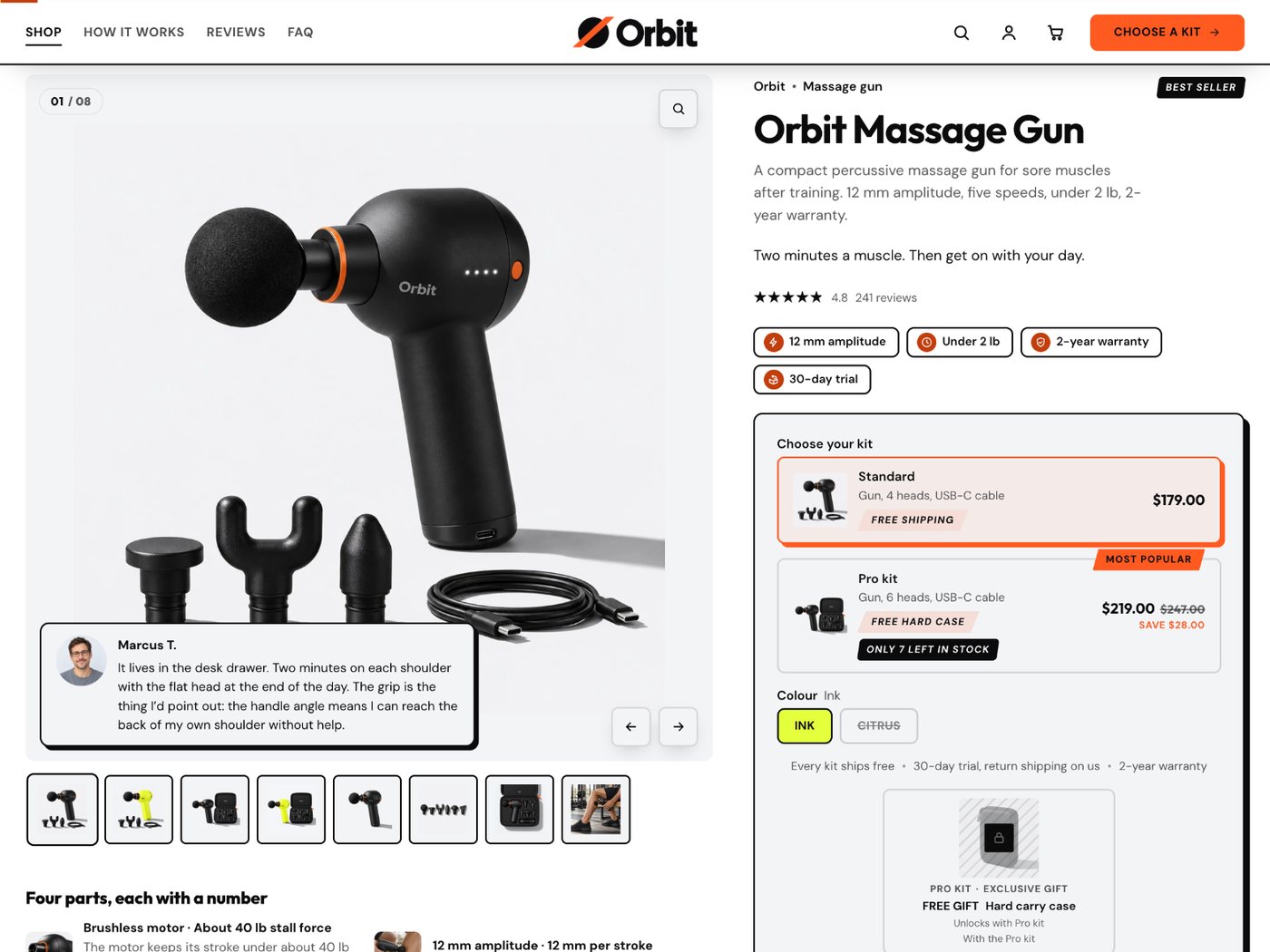 Kinetic preset product page: a massage gun gallery, Standard and Pro kit rows with Most popular and a stock line, colour buttons and a gift tile that unlocks with the Pro kit
