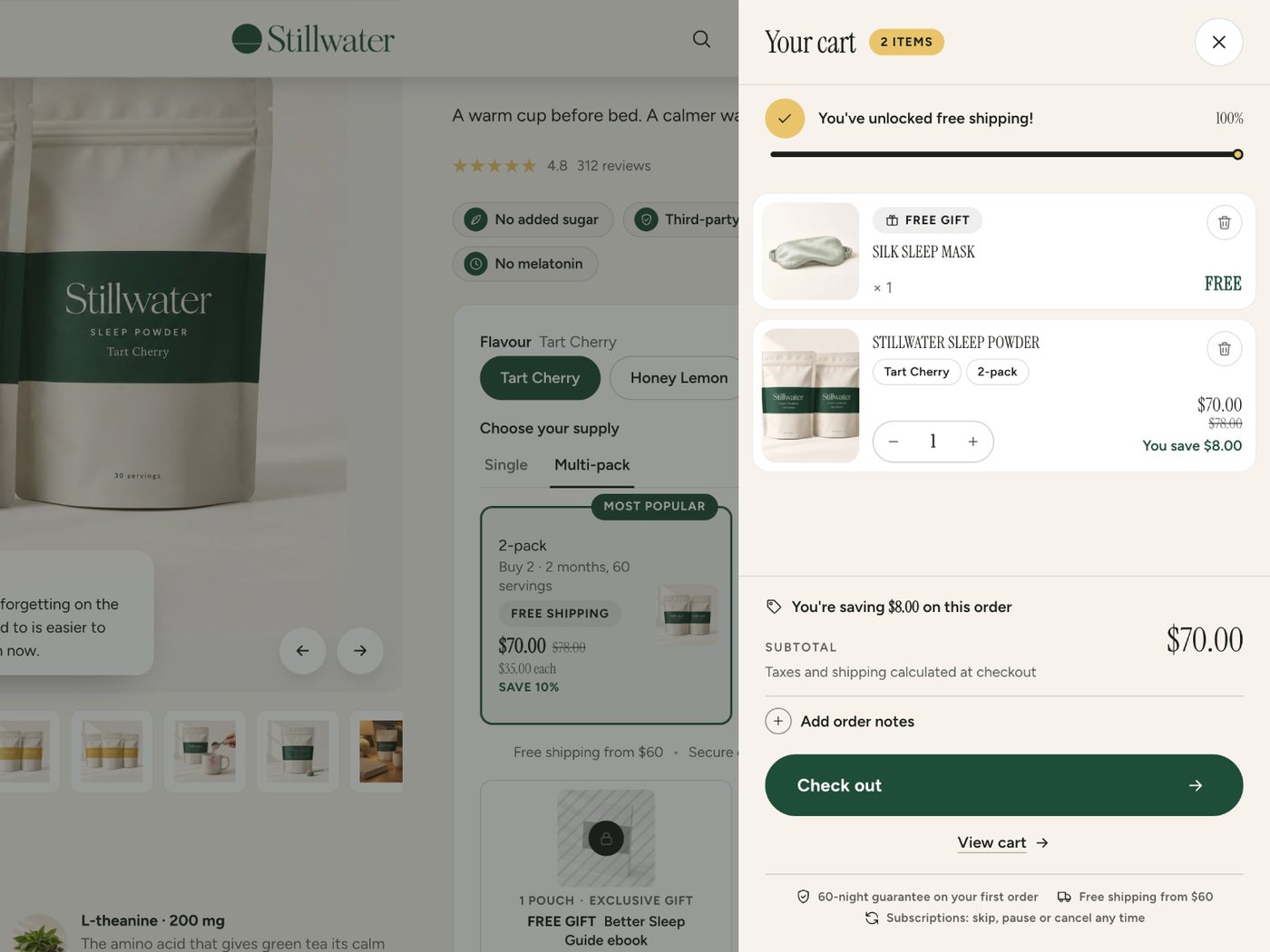 Cart drawer: free shipping unlocked, a silk sleep mask as a Free gift line, the 2-pack with its saving, the total saving, the subtotal and Check out