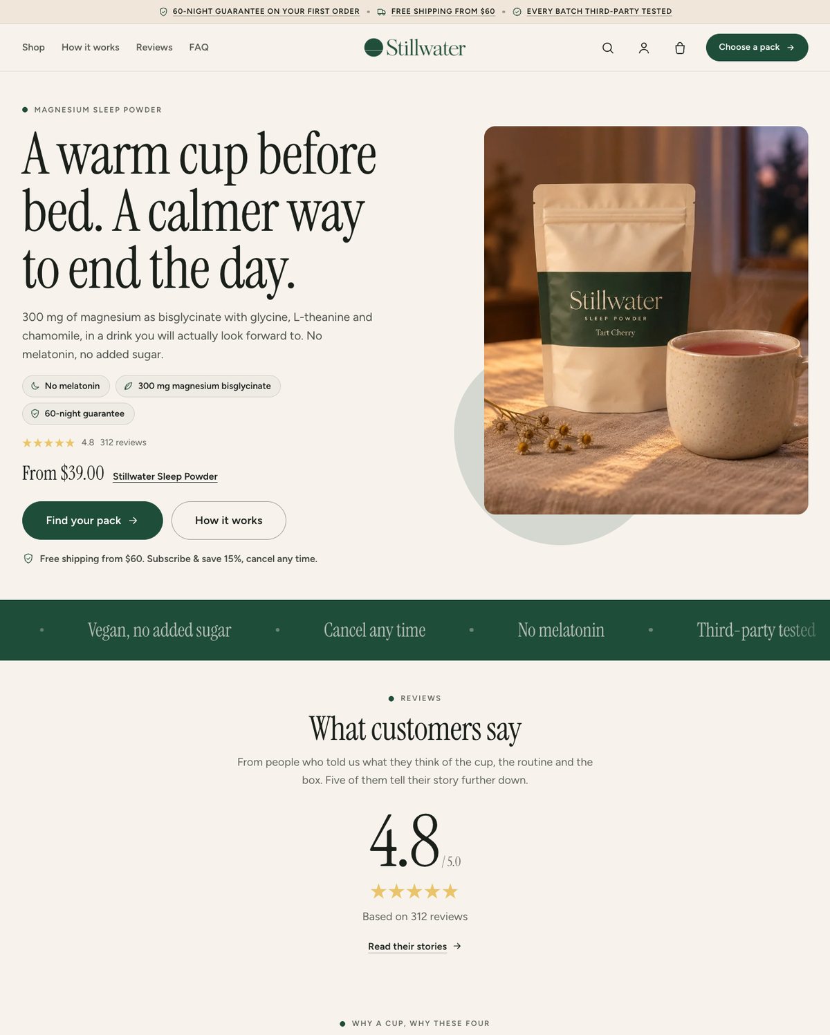 Rally preset home page: a Stillwater sleep powder pouch and a warm mug beside the headline A warm cup before bed. A calmer way to end the day.