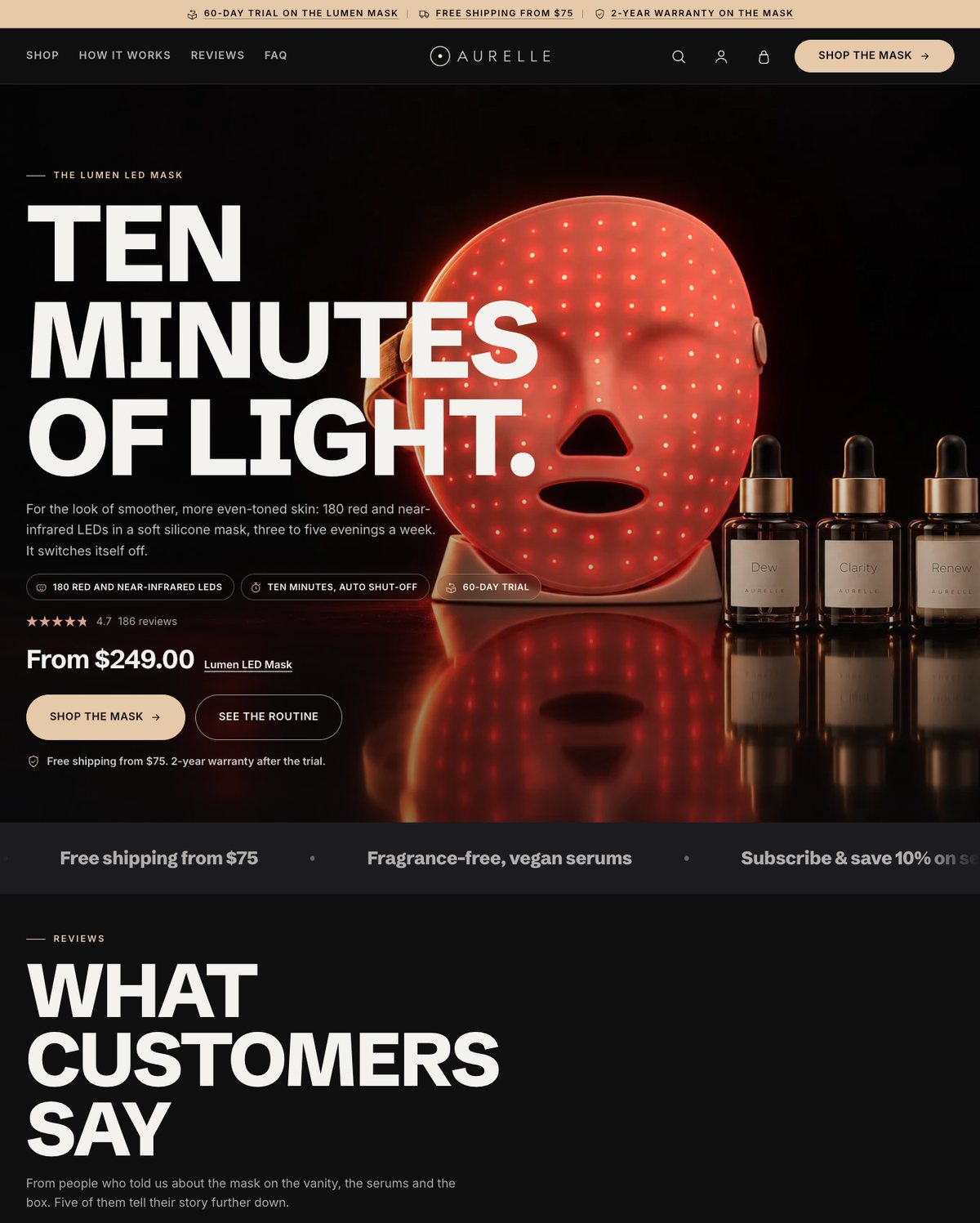Verity preset home page: a glowing red LED mask and three serum bottles beside the headline Ten minutes of light.