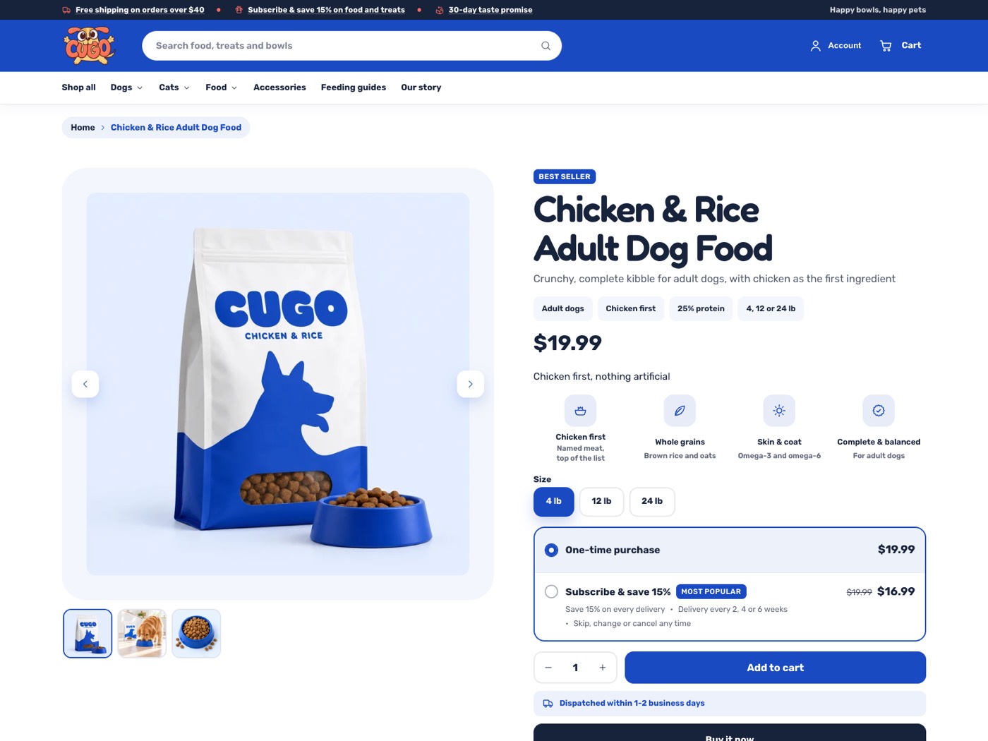 Cugo preset product page: a CUGO dog food bag with four food facts next to the price and Subscribe and save 15%