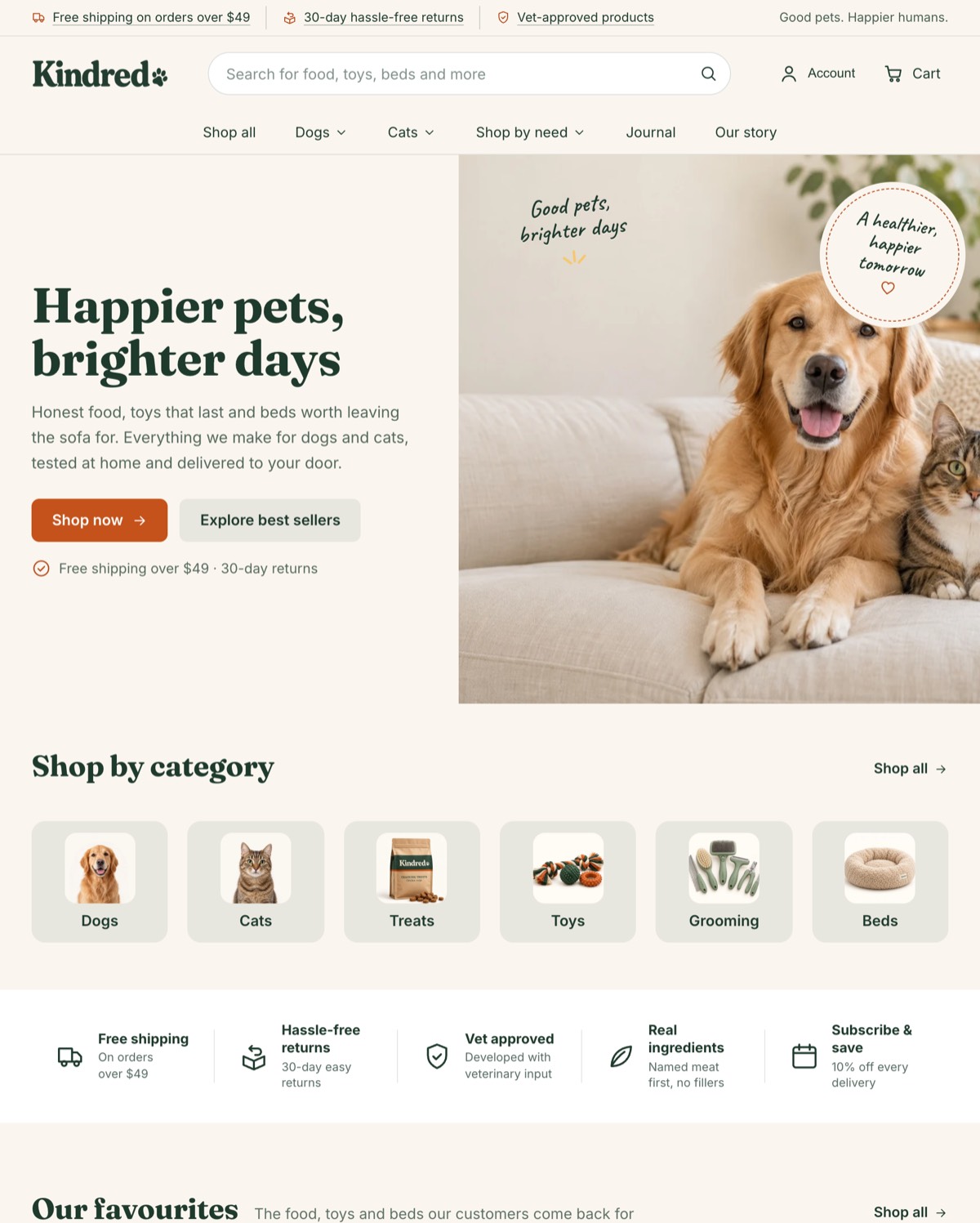 Snuggle home page on a computer: a golden retriever and a tabby cat on a cream sofa beside the headline Happier pets, brighter days