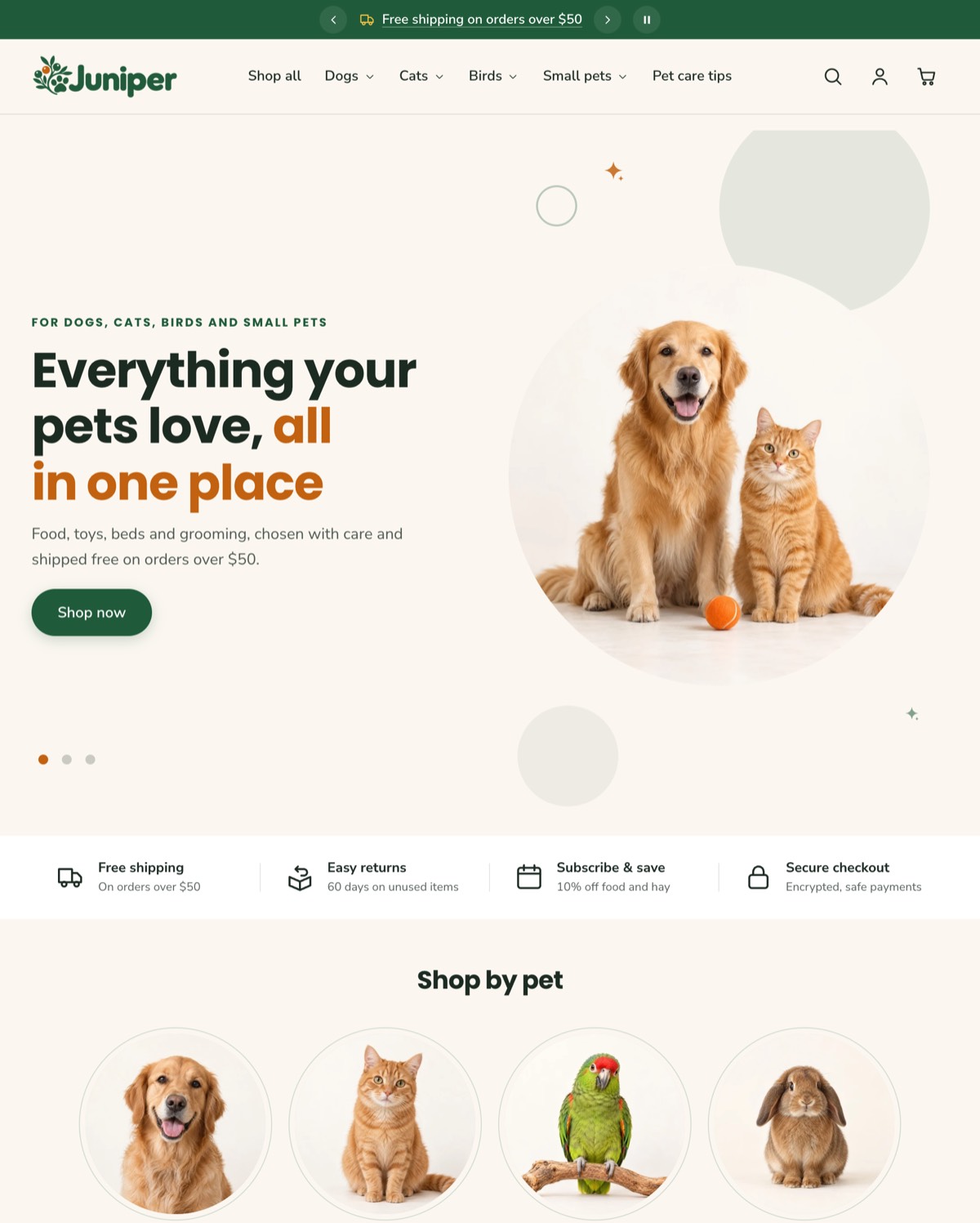 Juniper preset home page: a dog and a cat in a soft circle beside the headline Everything your pets love, all in one place