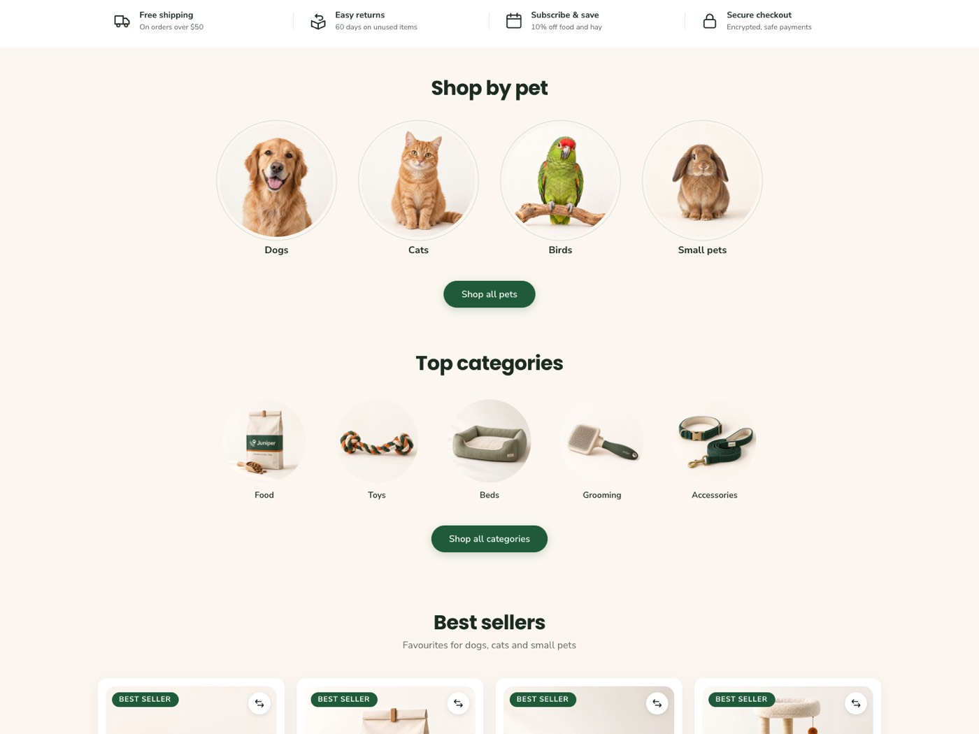 Juniper preset: Shop by pet circles for dogs, cats, birds and small pets, and top categories