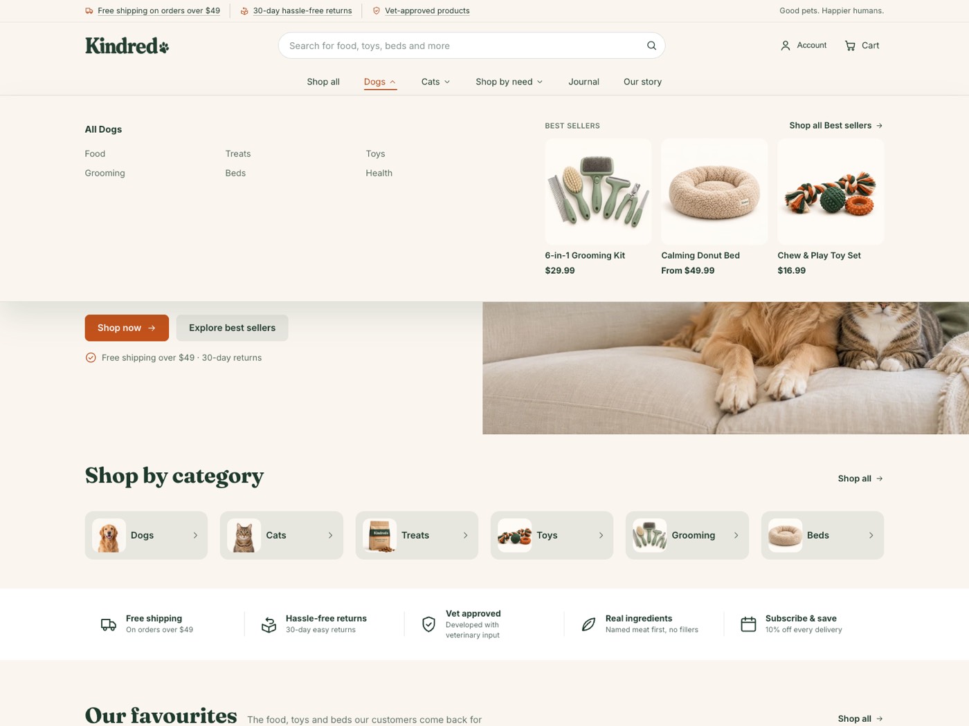 Dogs mega menu with link columns and three best-selling products